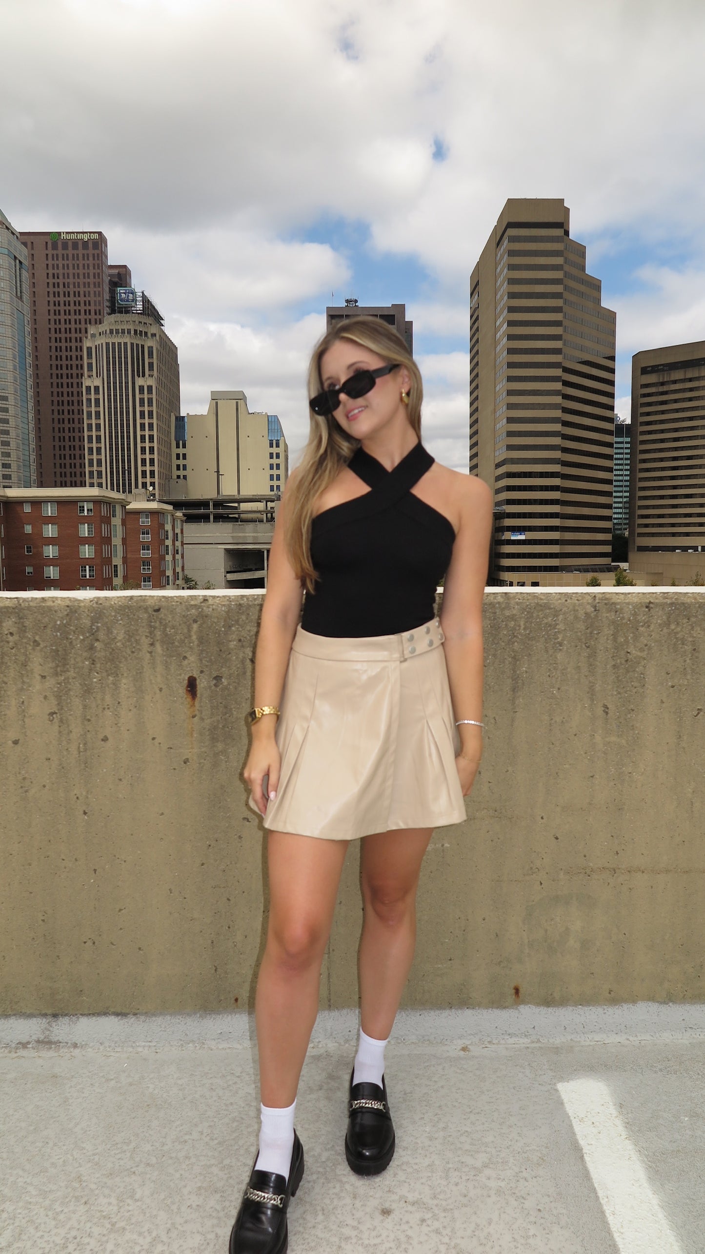 Serena Vegan Leather Pleated Skirt (Taupe)